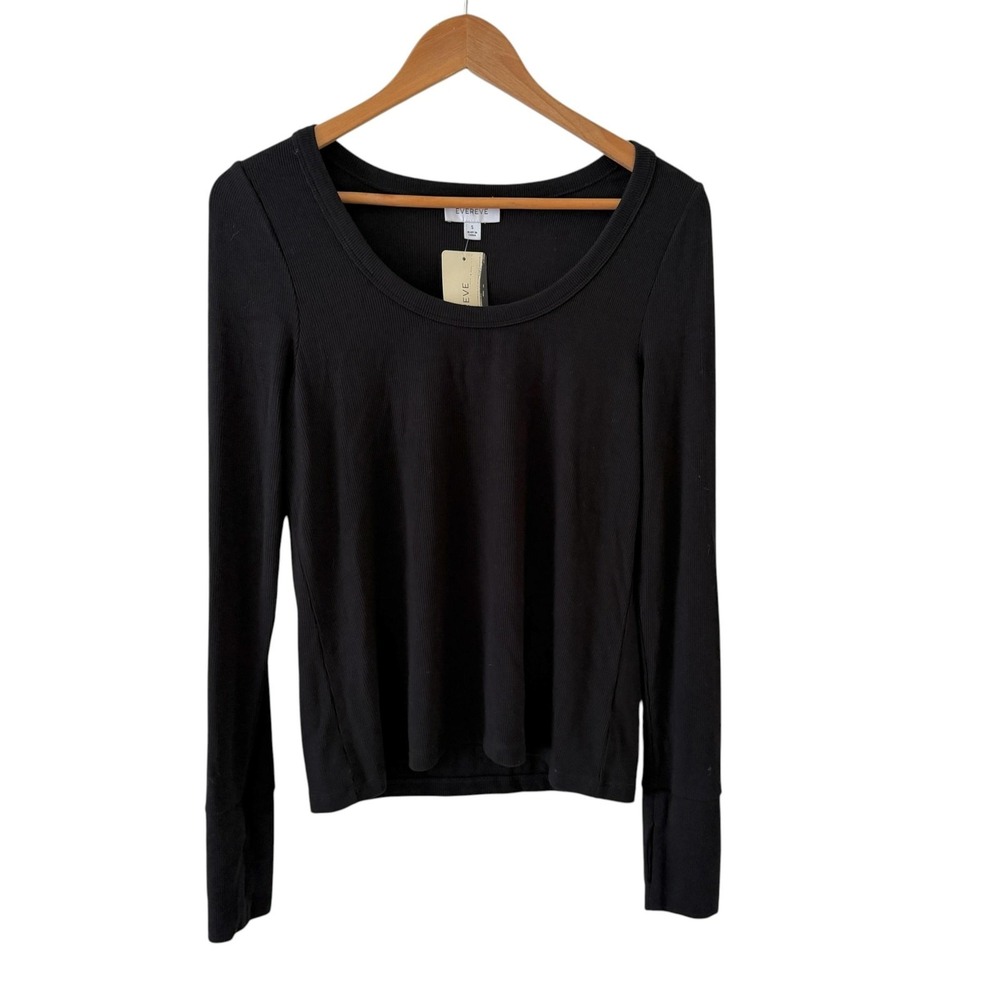 Evereve Eliot Scoop Neck Tee Shirt Top Womens S Black Ribbed Long Sleeve NWT